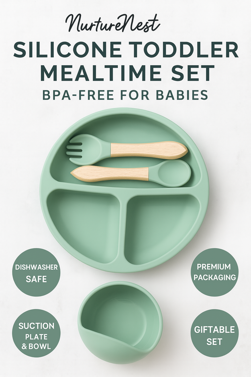 NurtureNest Co. Silicone Toddler Feeding Set- Silicon Plate, Bowl, Fork & Spoon (BPA-Free)